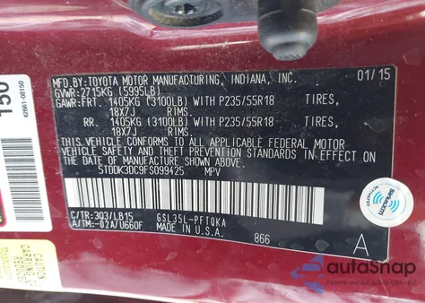 2015 Toyota Sienna Xle/Limited from USA, damaged, VIN 5TDDK3DC9FS099425